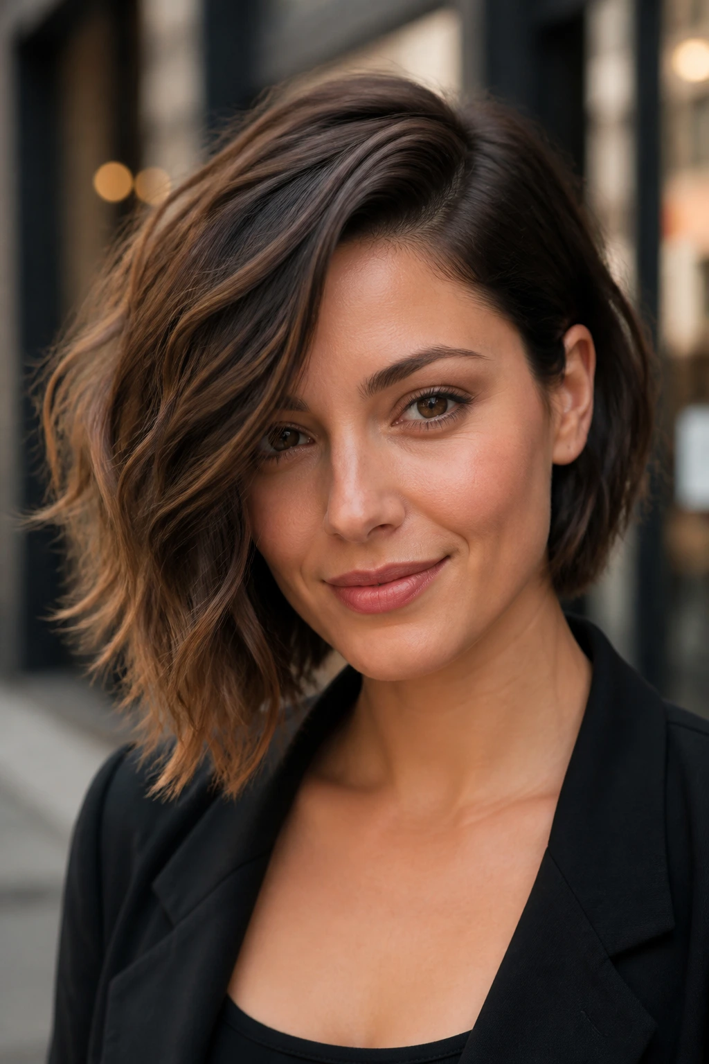 Close-up of a woman with asymmetrical bob and deep side part outdoors