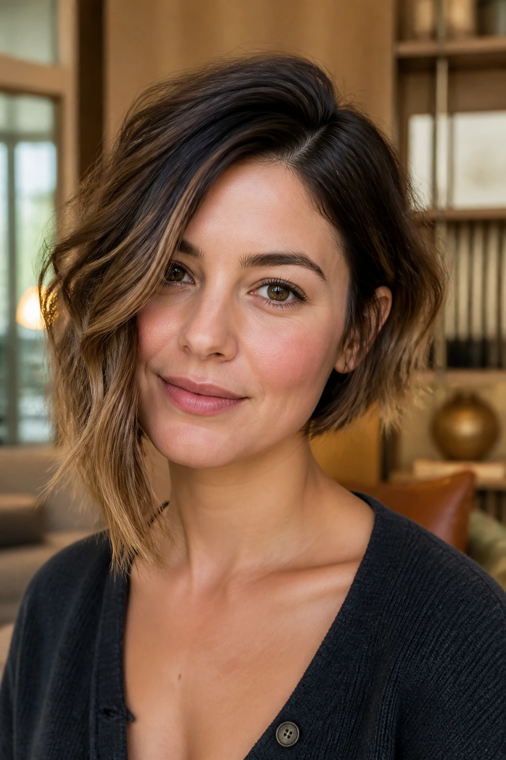 Close-up of a real woman with an off-center asymmetrical bob in a warm living room.