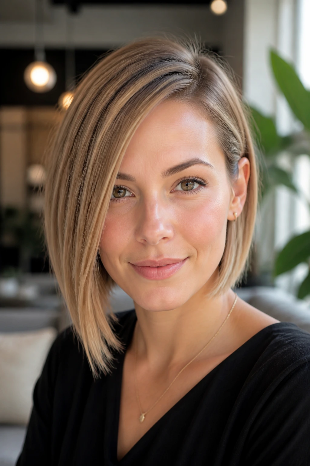 Close-up of a real woman wearing an asymmetrical bob with diagonal angle.