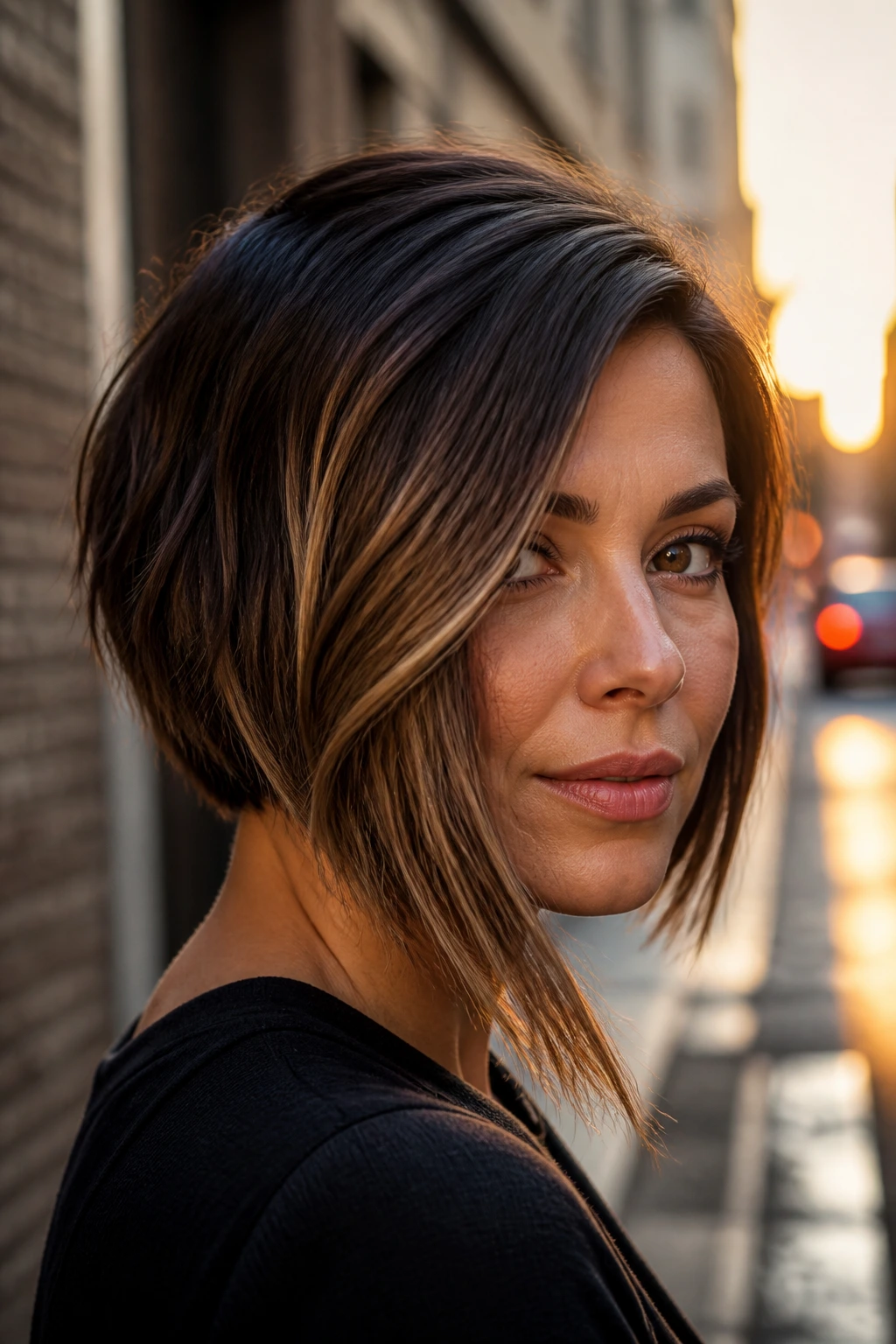 Close-up of a real woman with an asymmetrical bob and diagonal caramel panels