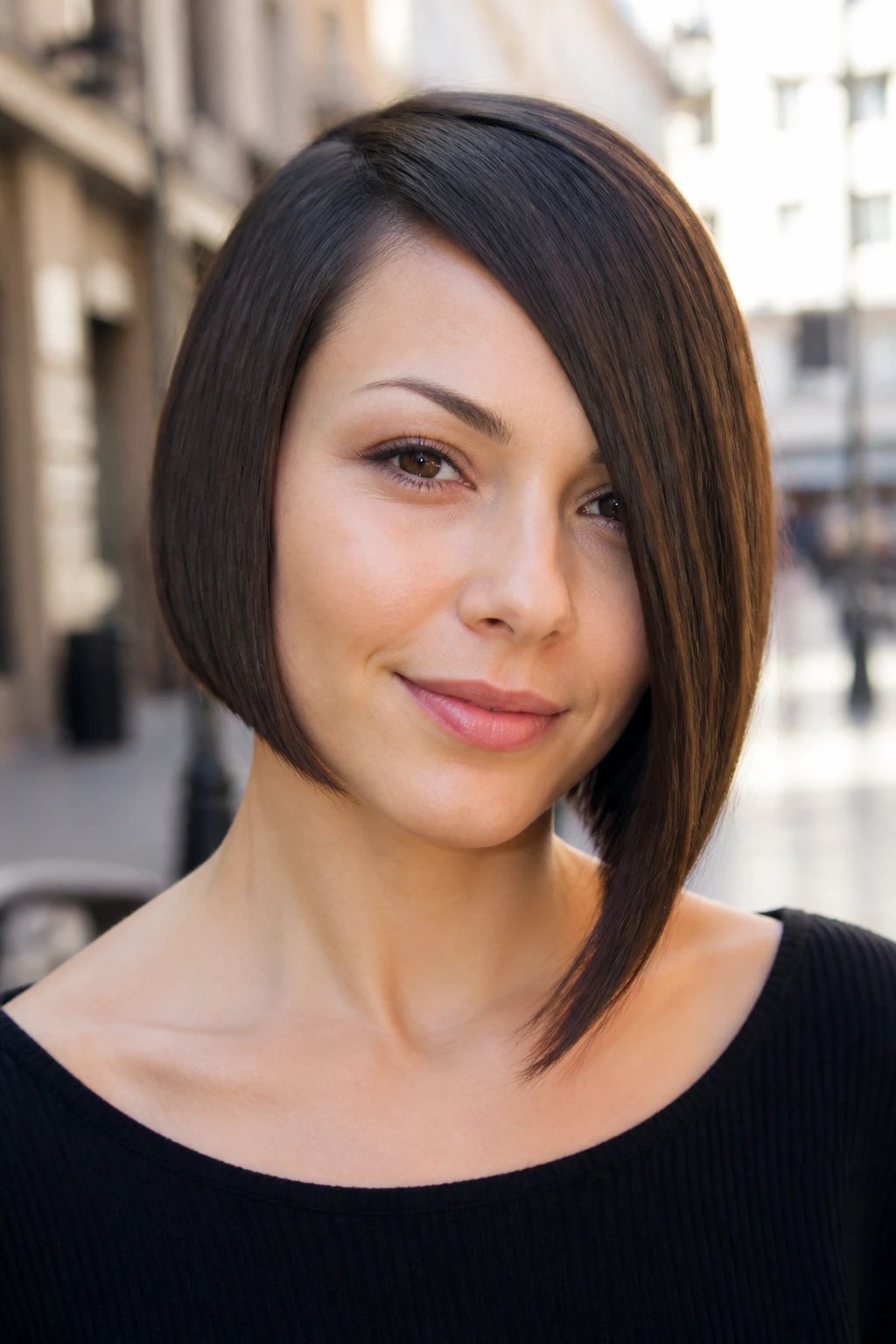 Head-and-shoulders portrait of a real woman with an asymmetrical bob
