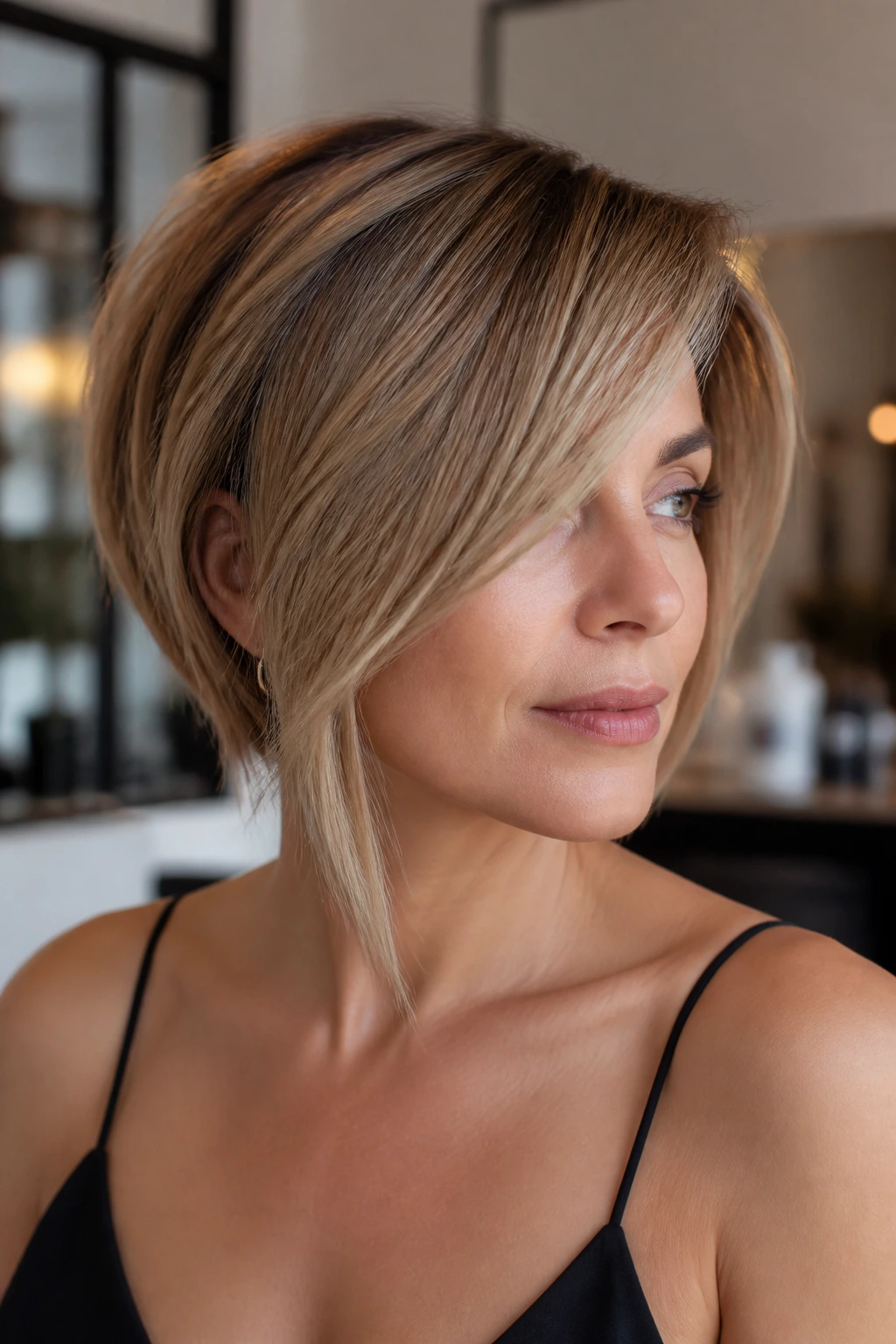 Close-up of a real woman with an asymmetrical bob and long draped bang in a salon