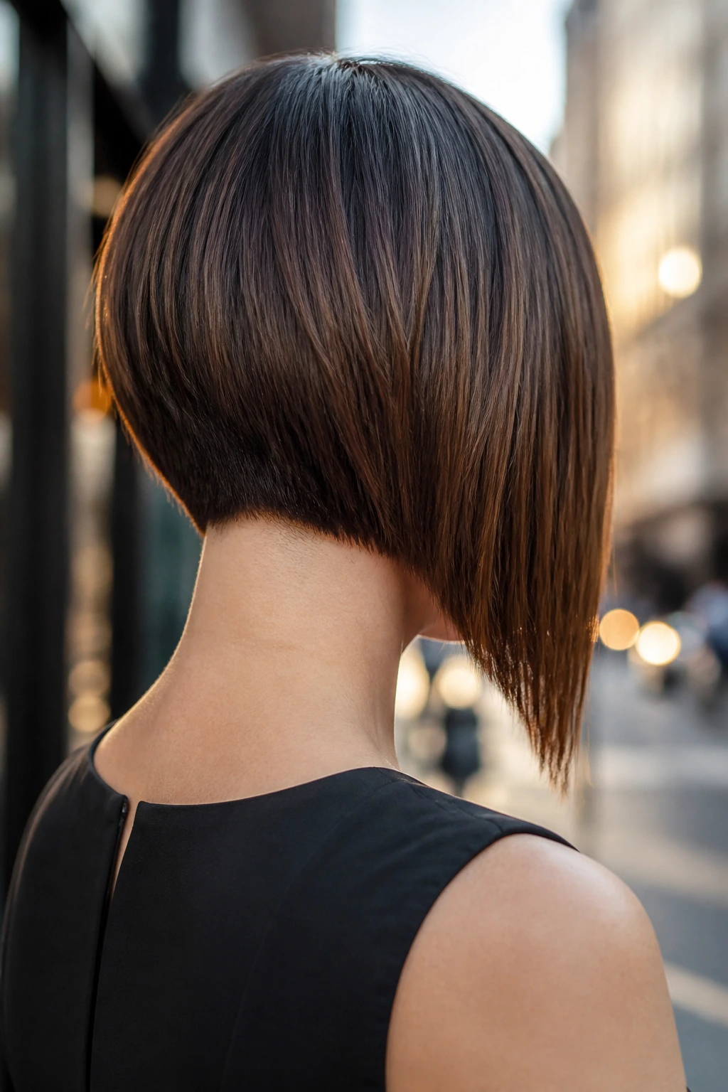 Back/three-quarter view of a real woman wearing an asymmetrical bob with a longer side