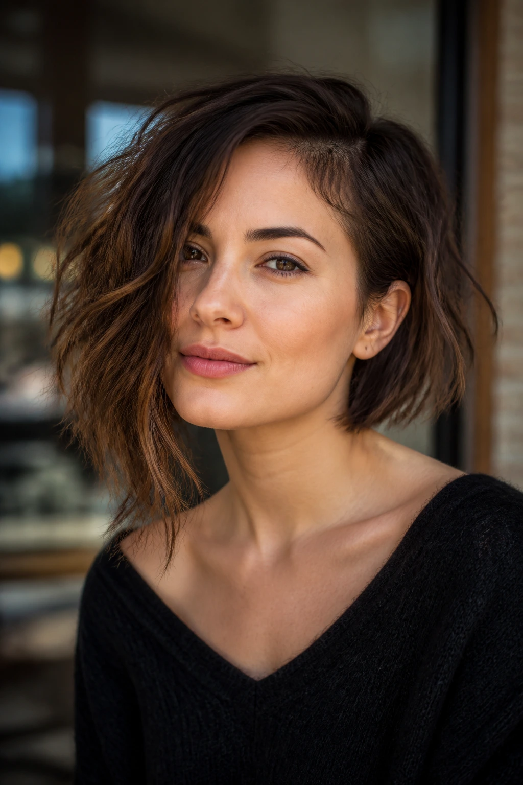 Close-up portrait of a real woman with asymmetrical one-side bob