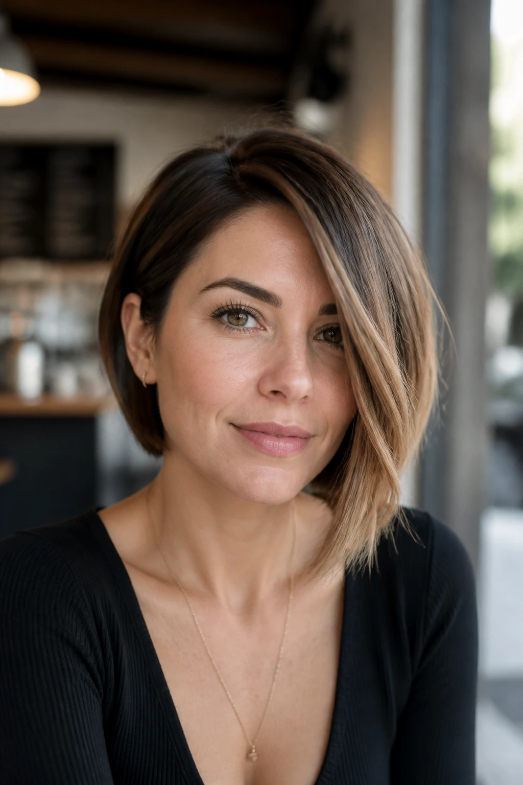 Asymmetrical bob with face sweep on a real woman in a cafe setting