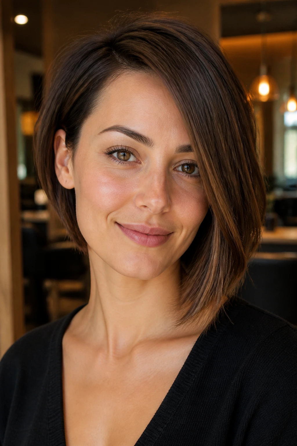 Real woman with subtle asymmetrical bob, longer side and soft jawline.