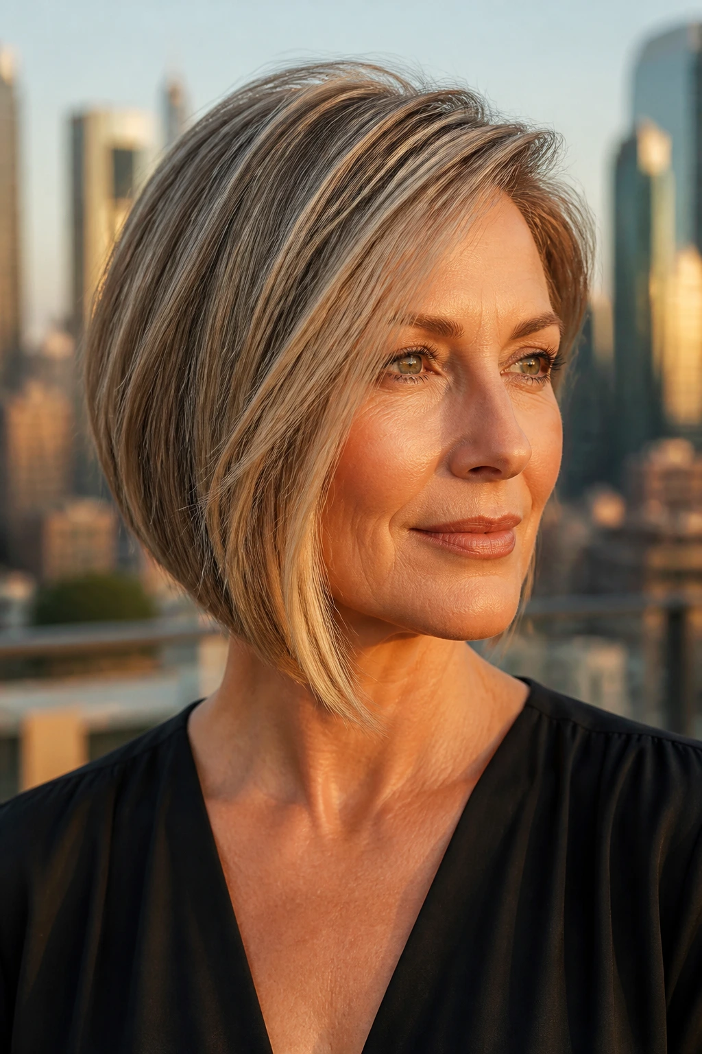 Close-up of a real woman with asymmetrical bob.