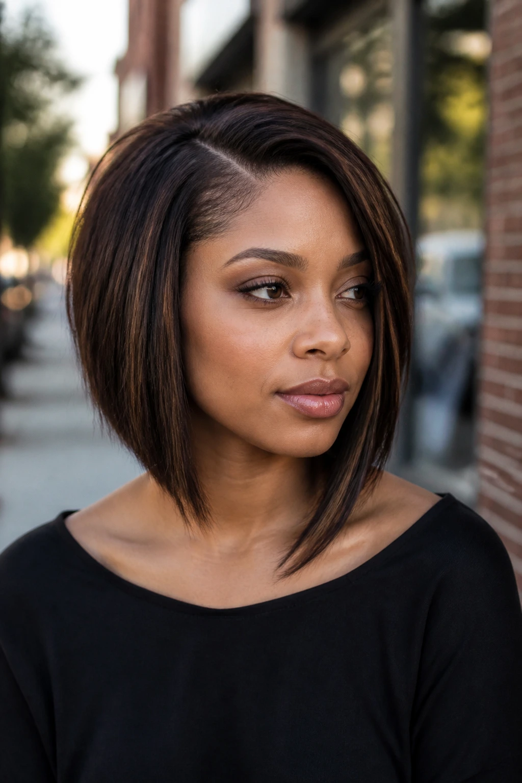 Portrait of a real woman with asymmetrical bob and longer front pieces.