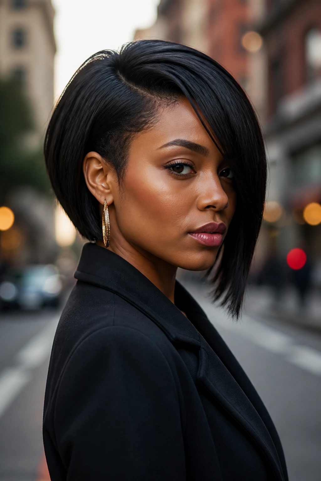 Close-up portrait of a real Black woman with an asymmetrical bob and long front sweep in an urban setting