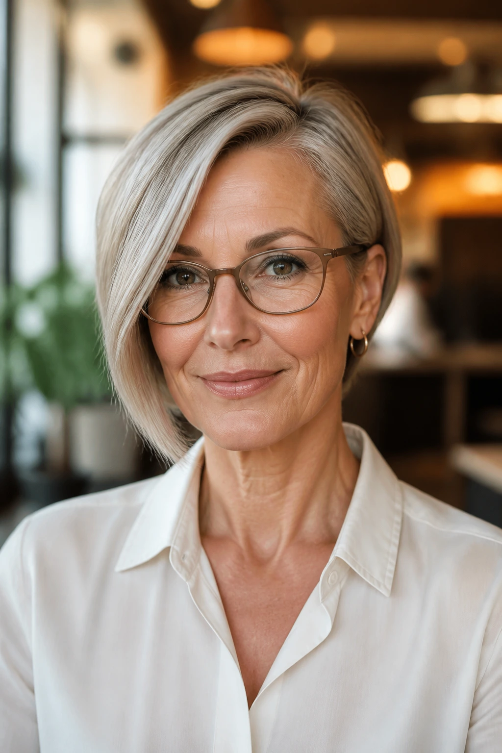 Portrait of a real woman wearing glasses, earrings, and a collared top with an asymmetrical bob