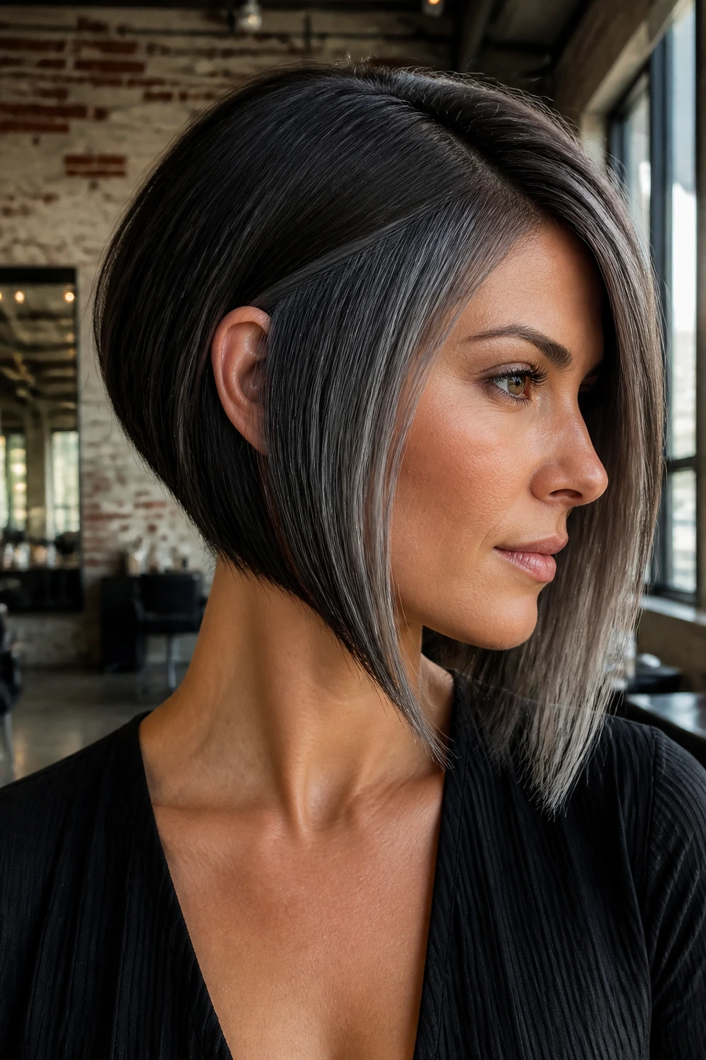 Real person with asymmetrical bob and gunmetal panels.