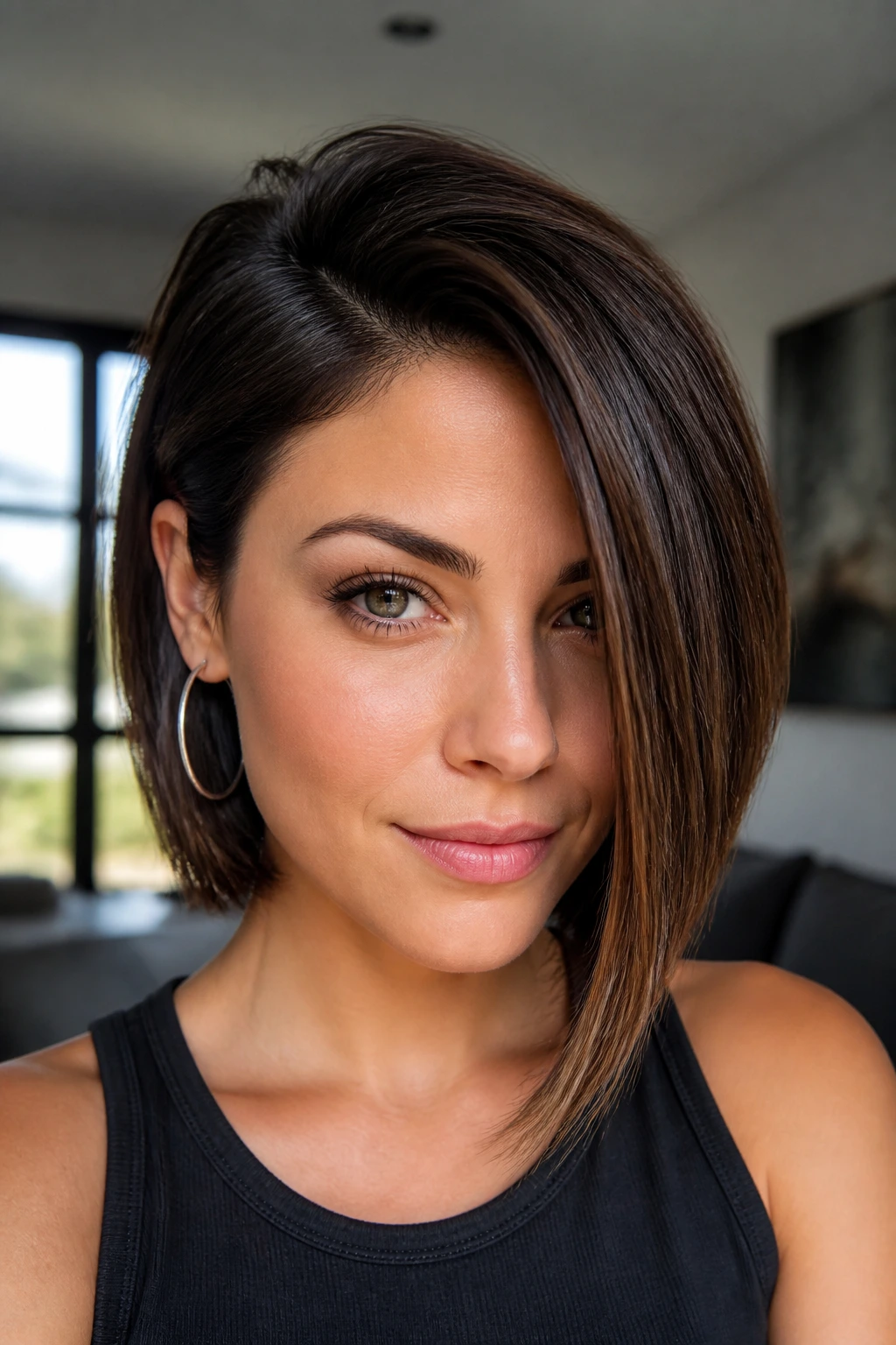 Real person with asymmetrical bob and deep side part