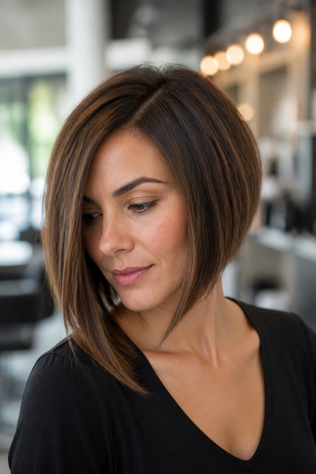 Portrait of a real woman with an asymmetrical bob showing a diagonal line across the face