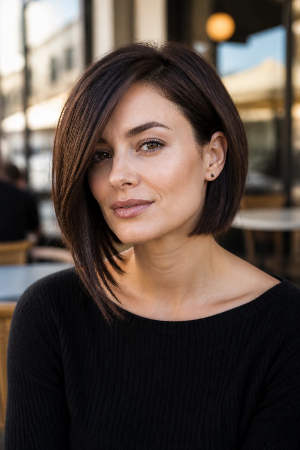 Close-up of a real woman with an asymmetrical jaw-length bob featuring a longer side past the jaw.