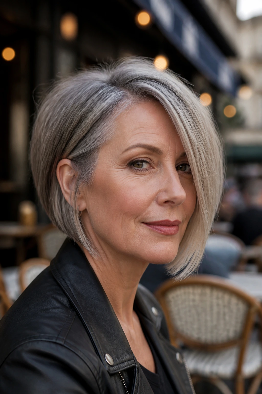 Close-up portrait of a woman with an asymmetrical bob showing subtle length difference