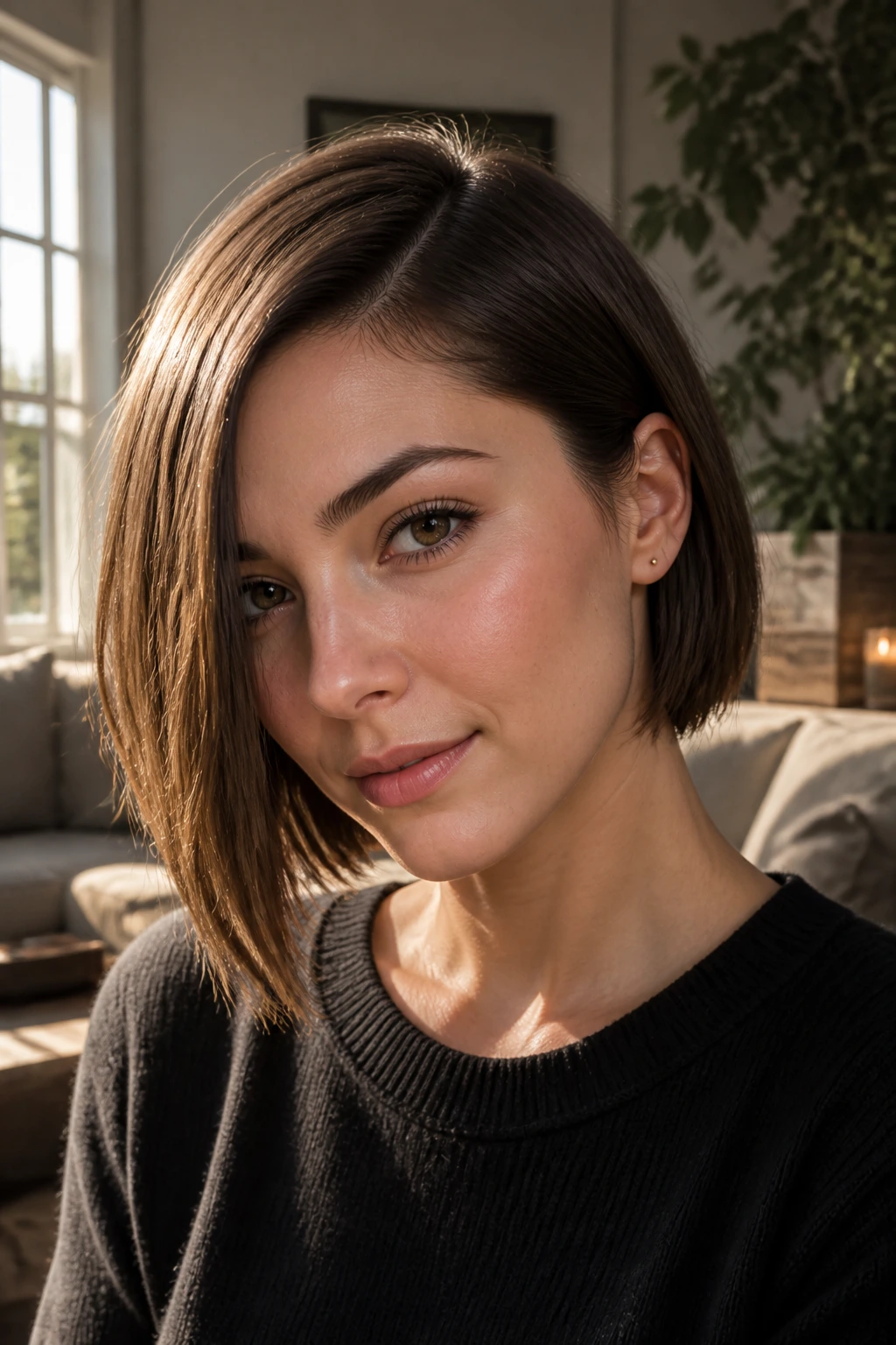 Close-up portrait of a real woman wearing an asymmetrical jawline bob with a deep side part