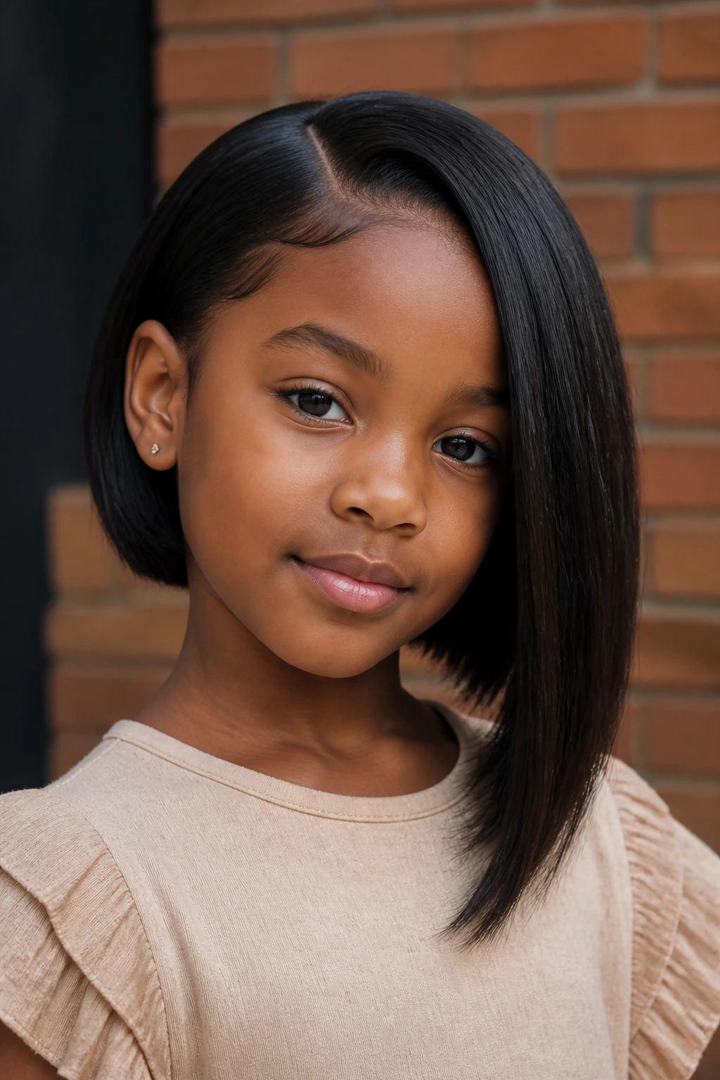Close-up of a real child with an asymmetrical bob and one longer side