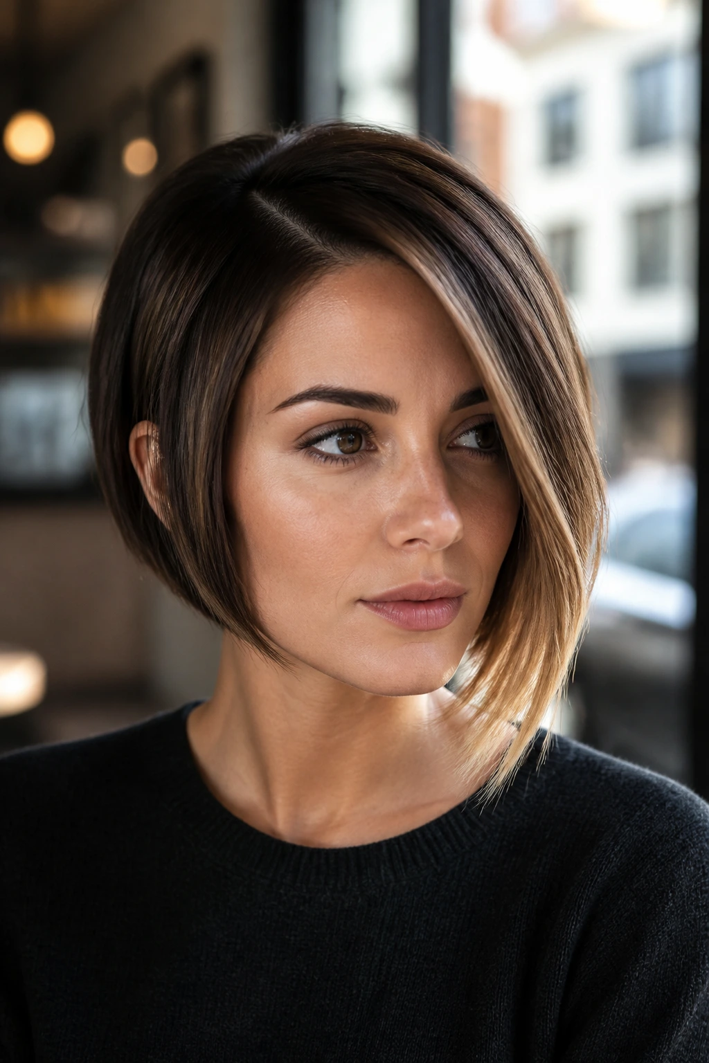 Close-up portrait of a real person with sleek asymmetrical bob and light-catching ends in natural daylight