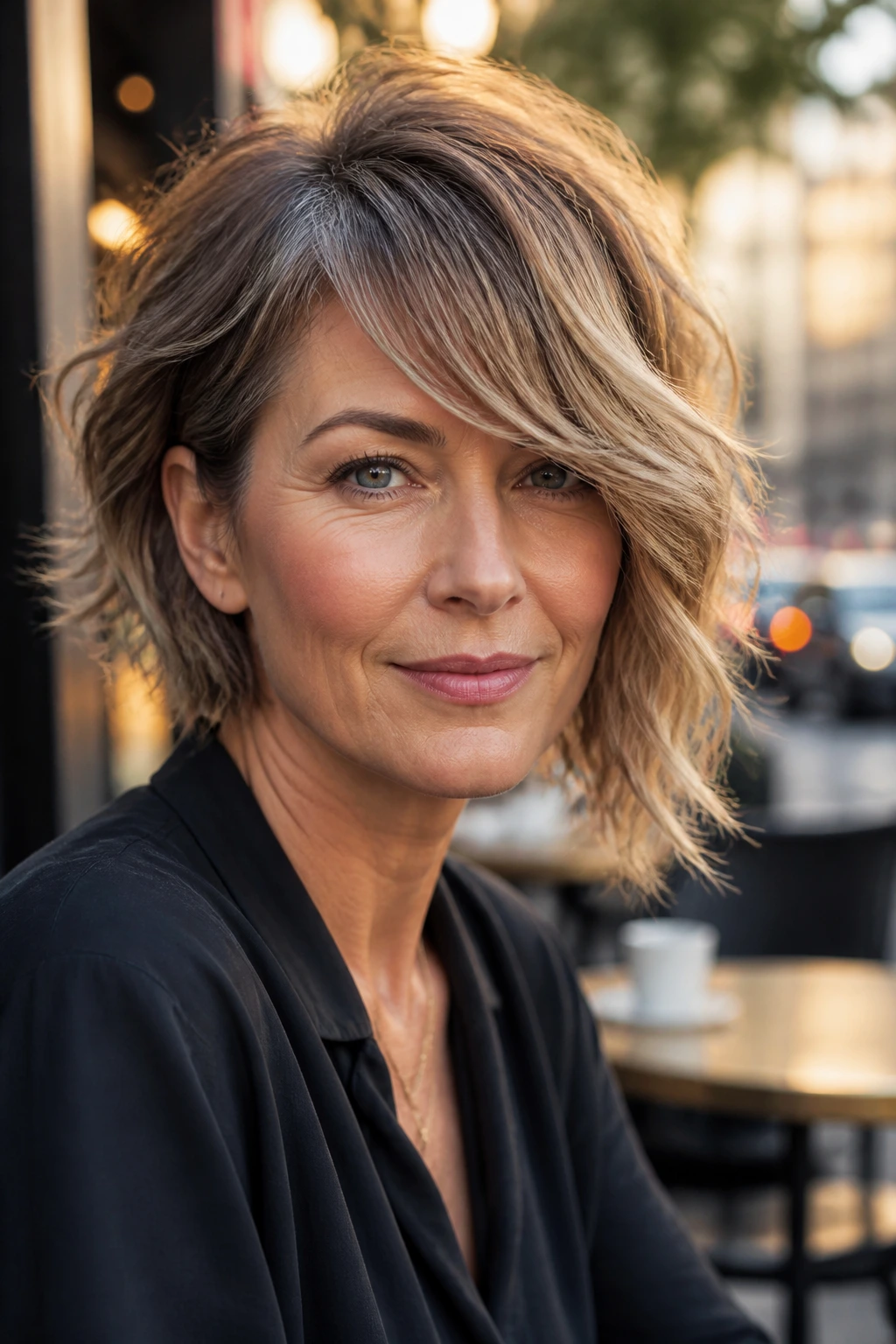 Close-up of an asymmetrical wavy bob with long bangs on a real woman at golden hour outdoor cafe