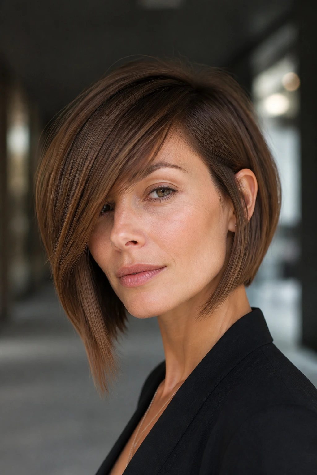 Real woman with asymmetrical bob long side fringe portrait