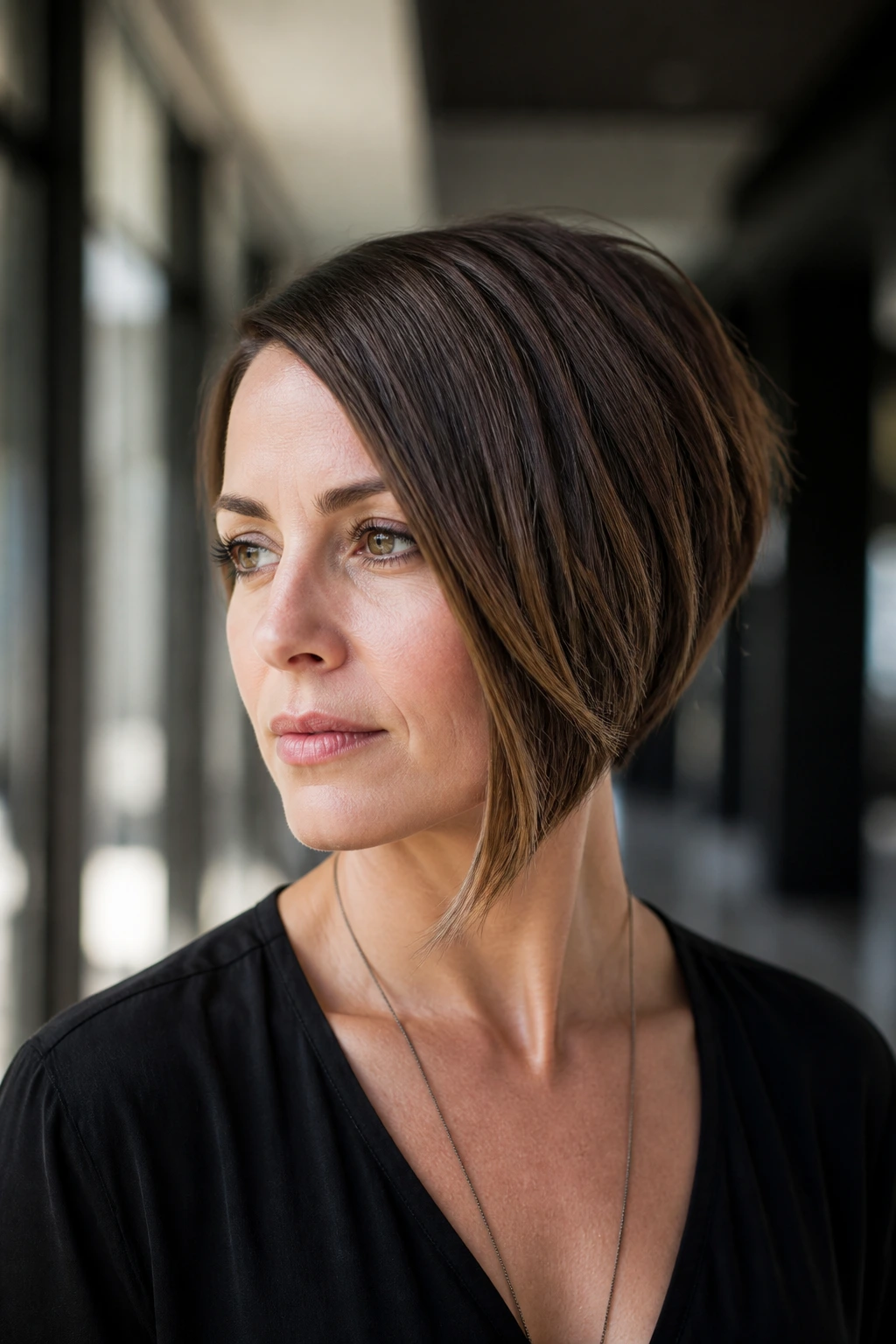 Real woman with subtle asymmetrical bob and longer front side