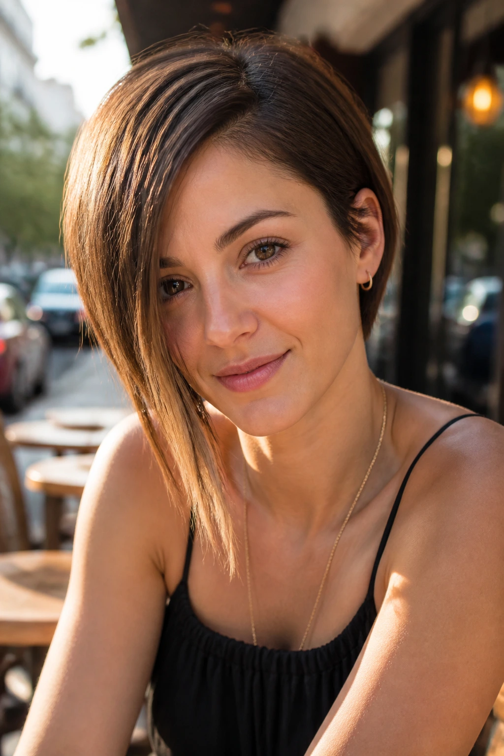 Close-up portrait of a real woman with an asymmetrical bob and long front piece.