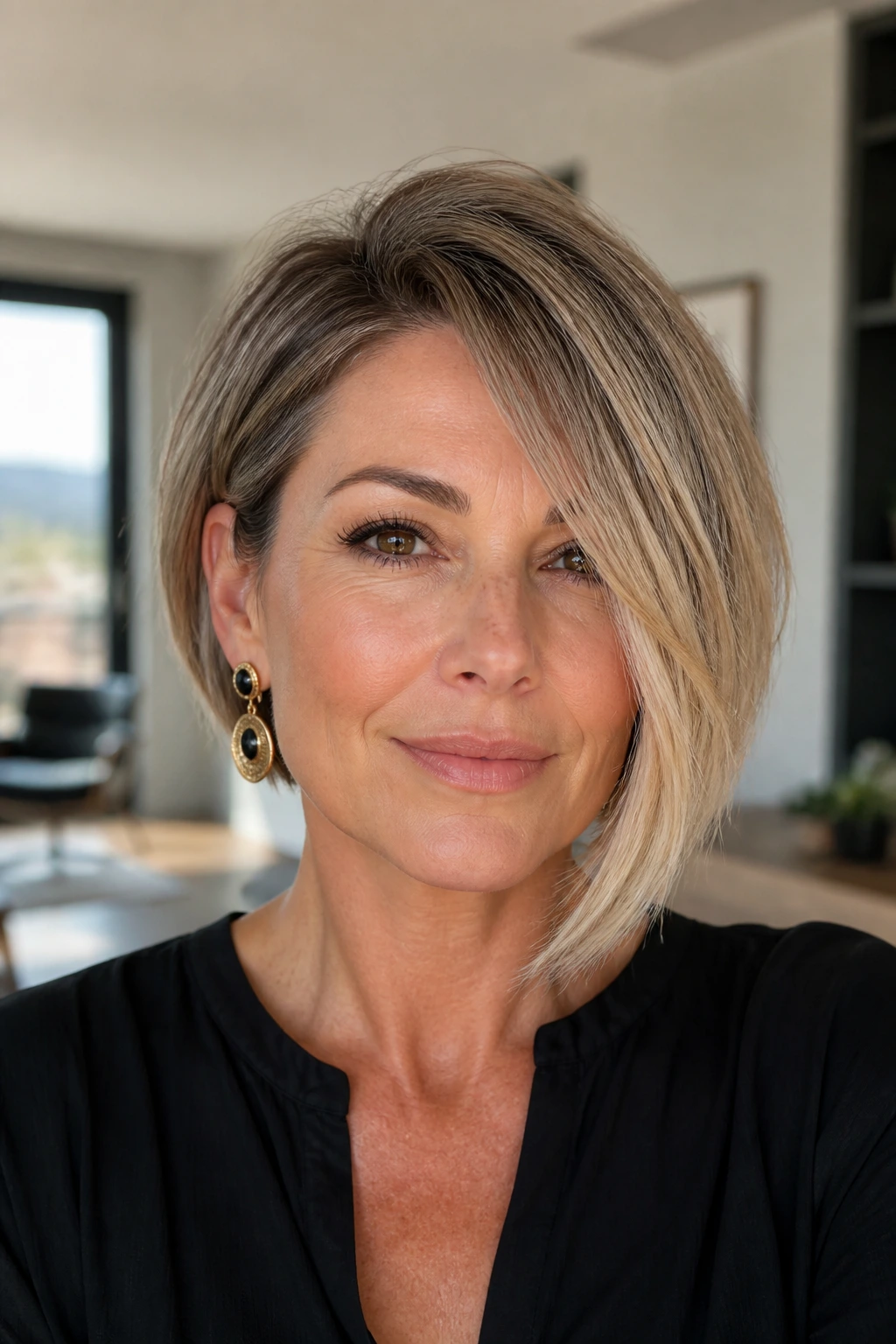 Close-up of a real woman with an asymmetrical bob and long side sweep