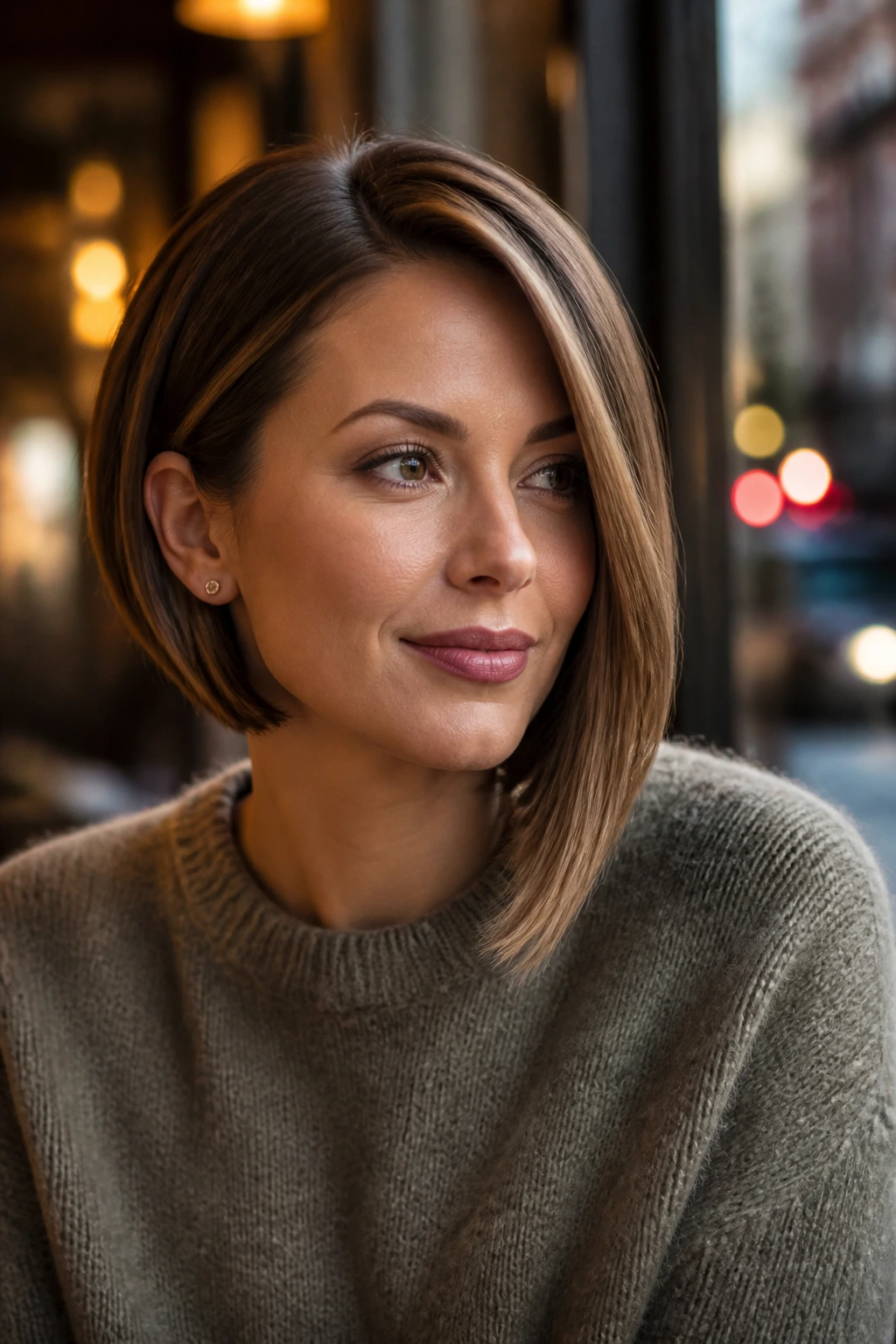 Real woman with a subtle longer-front asymmetrical bob, warm window light