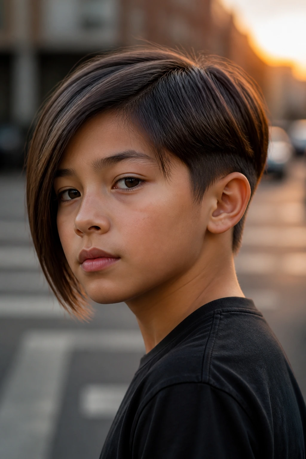 Close-up of a boy with asymmetrical bob featuring a longer front corner and undercut.