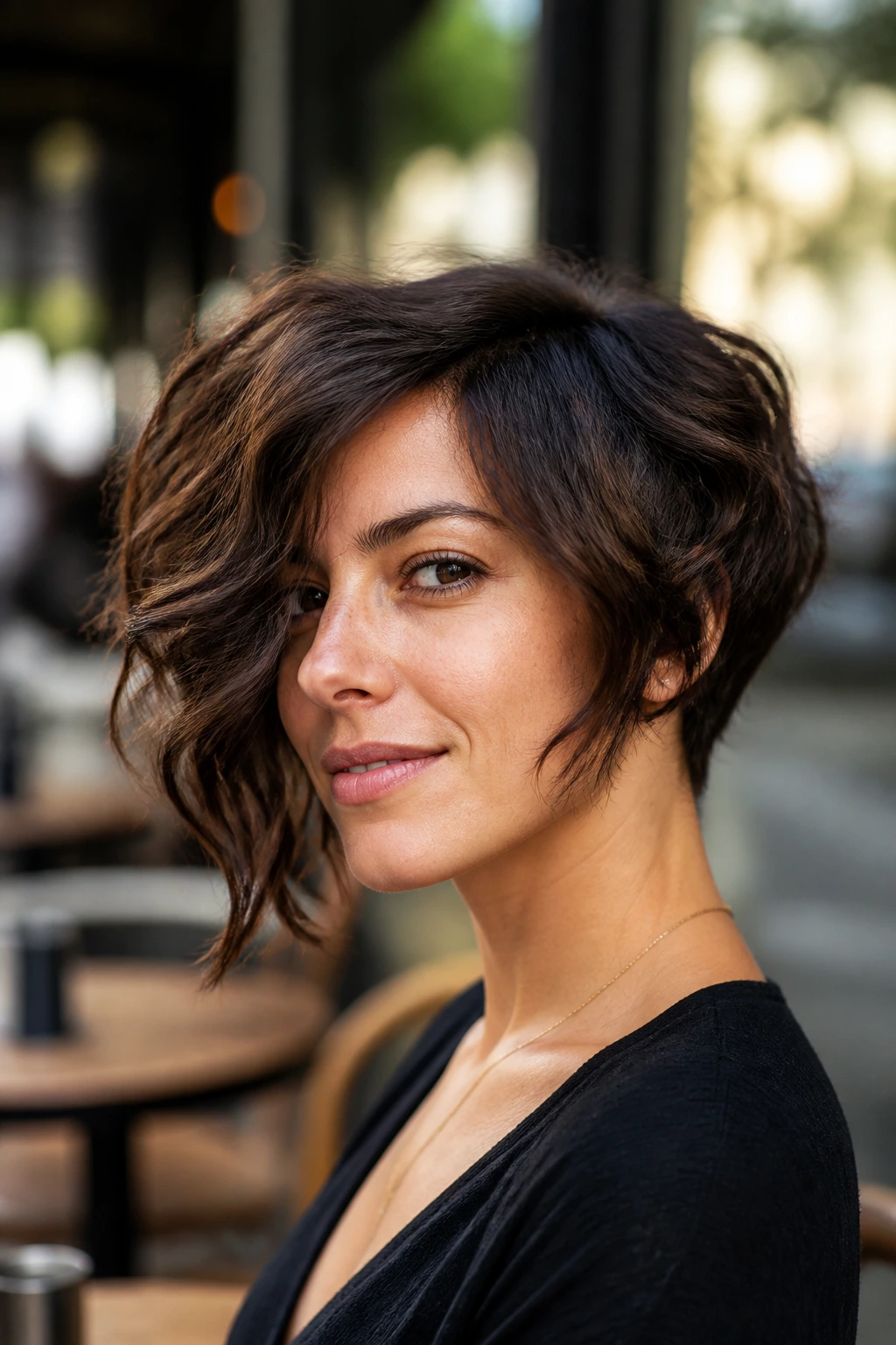 Close-up of a real woman with an asymmetrical bob with longer front edge.