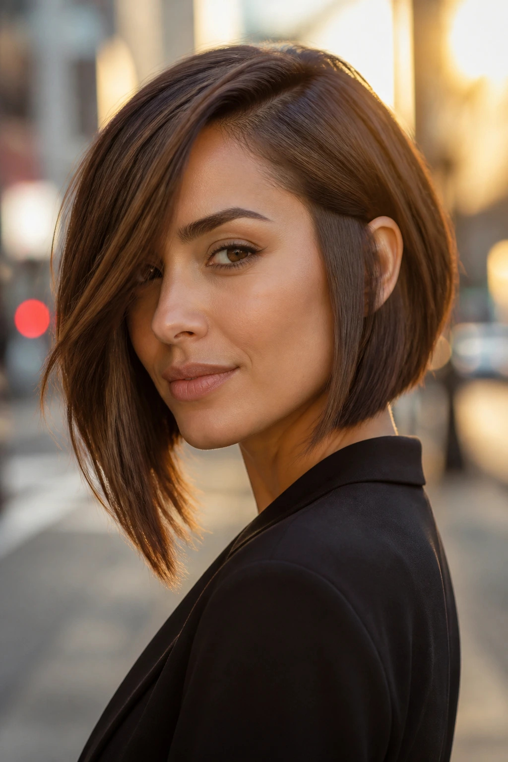 Real woman with asymmetrical bob and a longer front piece