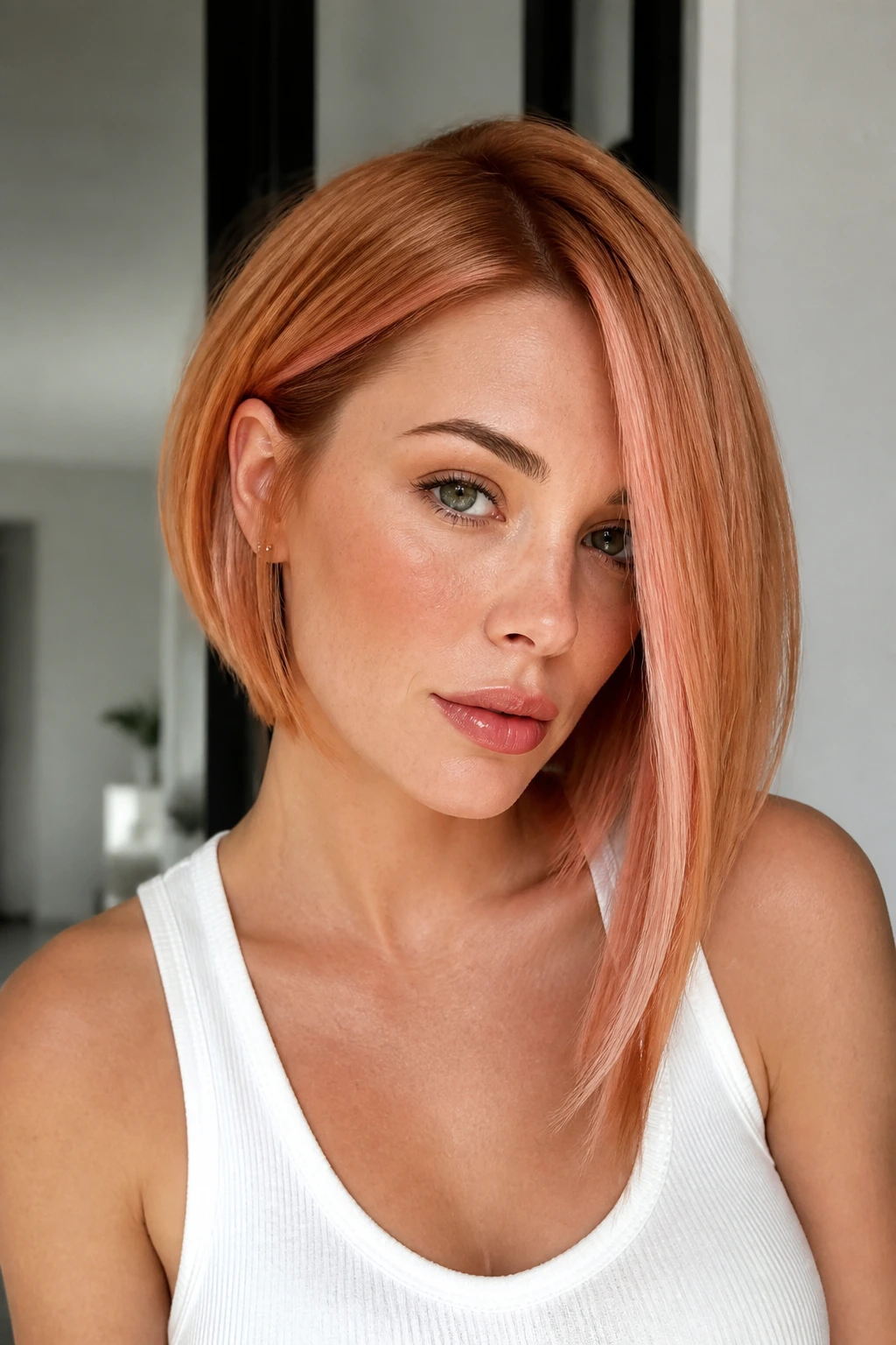 Close-up portrait of real woman with asymmetrical bob and longer front in strawberry blonde