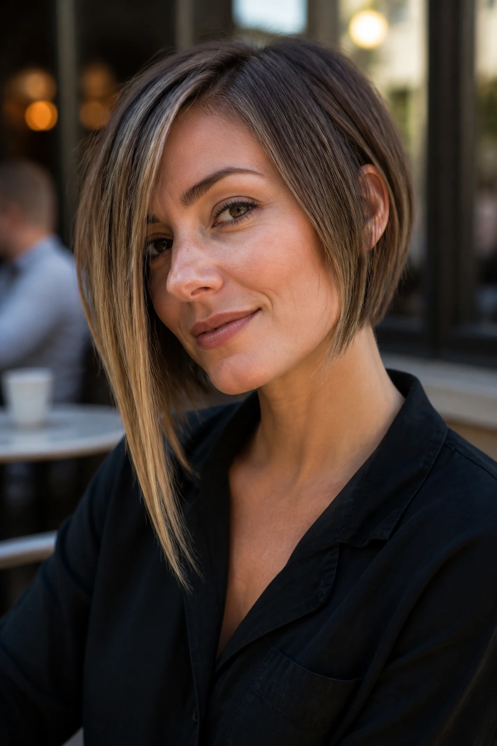 Real person with asymmetrical bob featuring one longer side