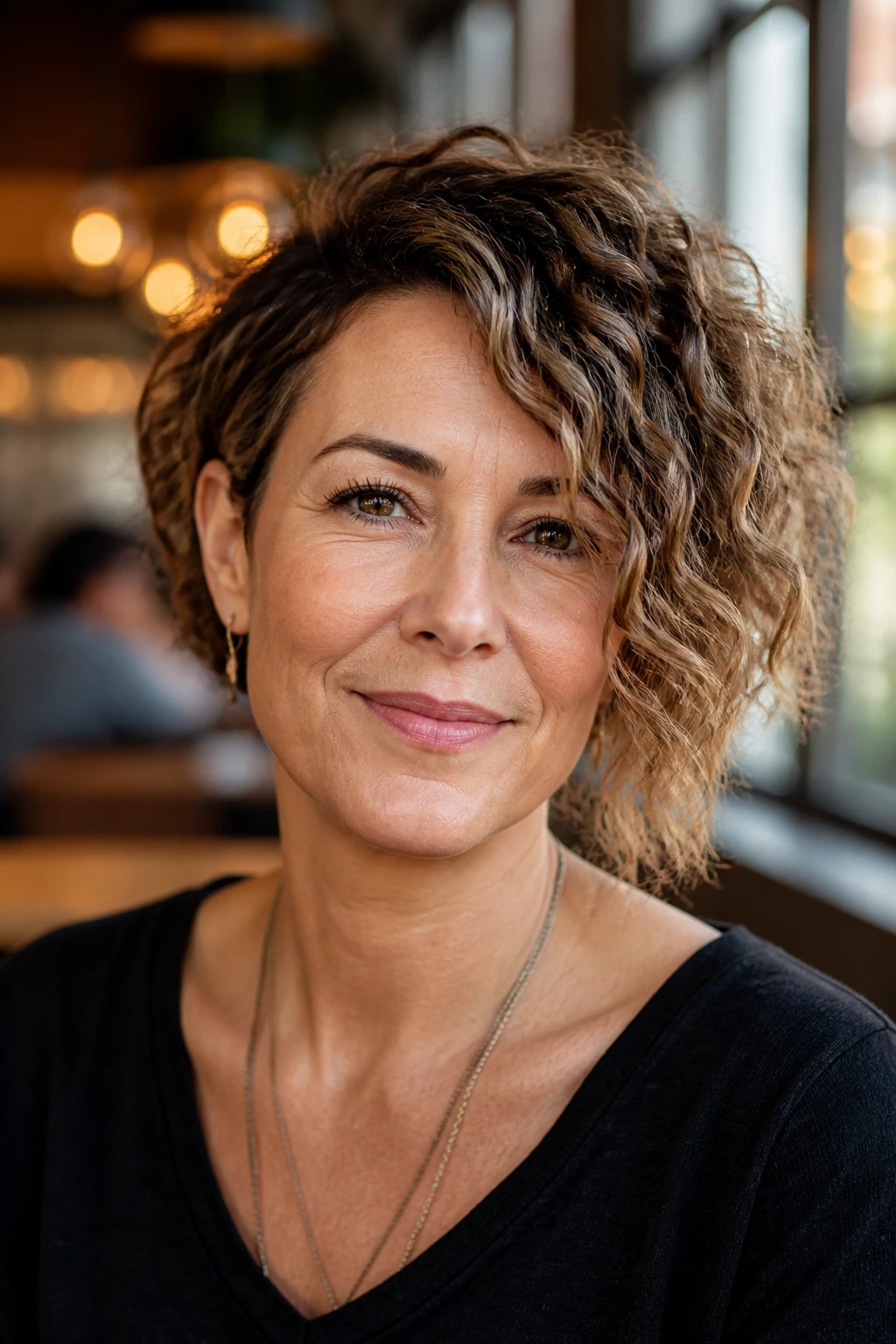 Close-up of a real woman with an asymmetrical bob featuring a longer side.