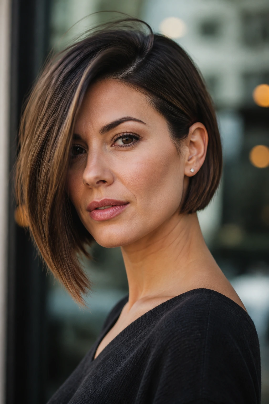 Close-up of a real woman with an asymmetrical bob and a longer side.
