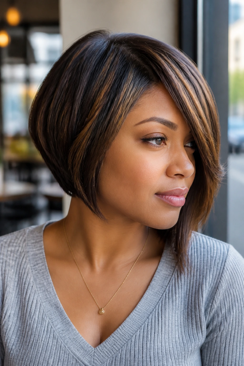 Close-up of a woman with an asymmetrical bob and mocha lowlights