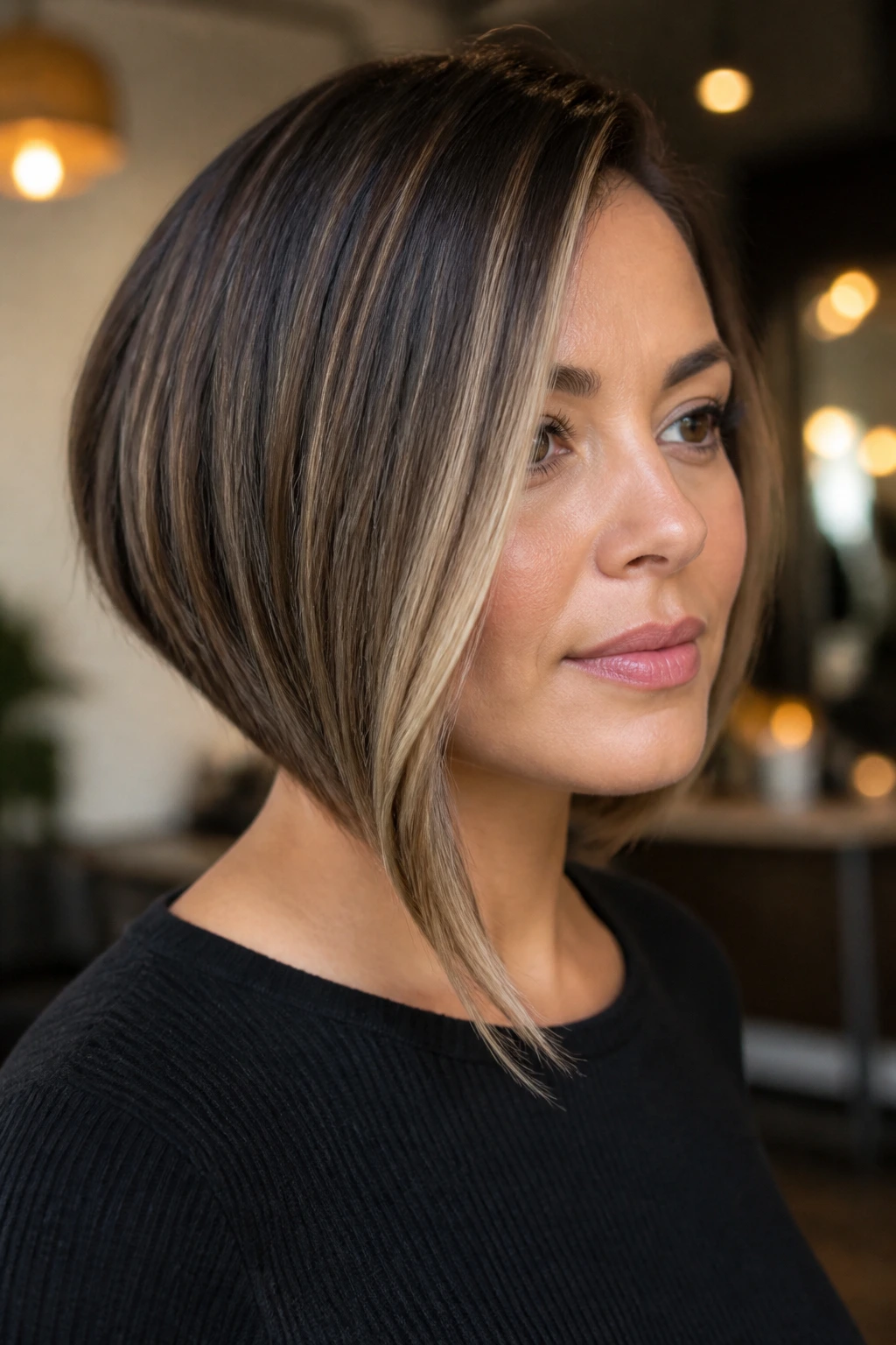 Close-up portrait of a real woman with an asymmetrical bob featuring a longer front corner and highlighted money piece on the longer side