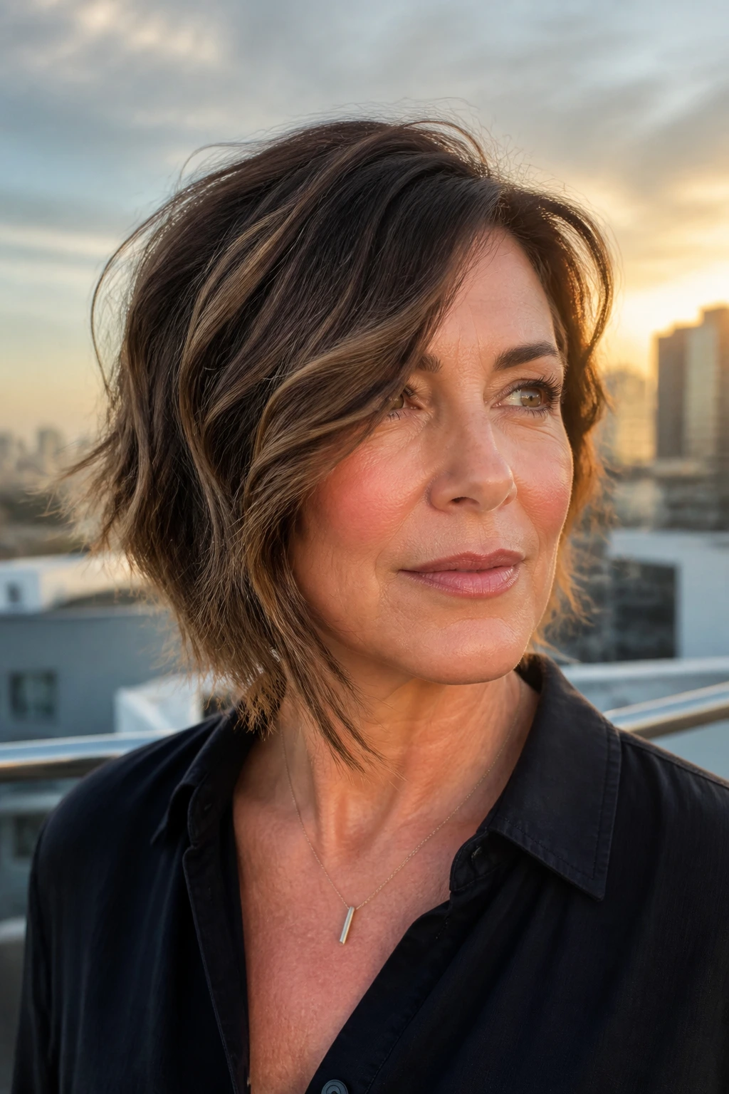 Close-up portrait of a real woman with asymmetrical bob and soft movement