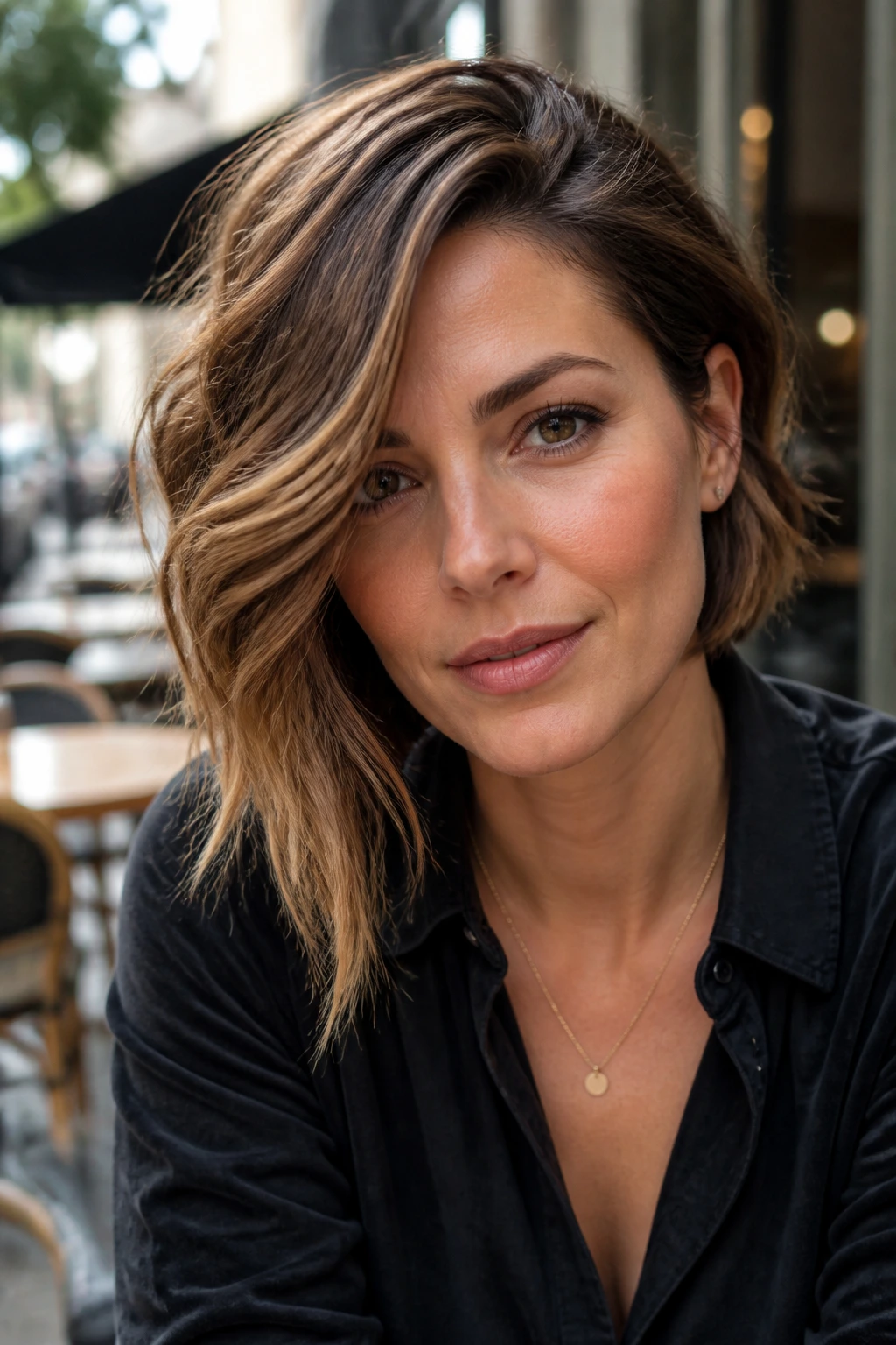 Portrait of a real woman with asymmetrical bob and one-side sweep