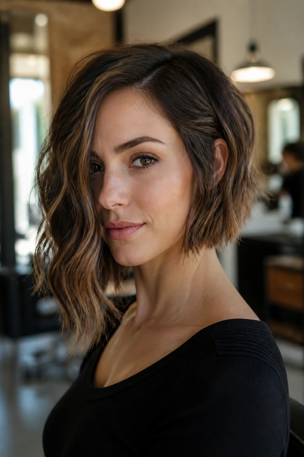 Close-up portrait of a real woman with an asymmetrical bob on an oval face with wavy hair in a salon setting