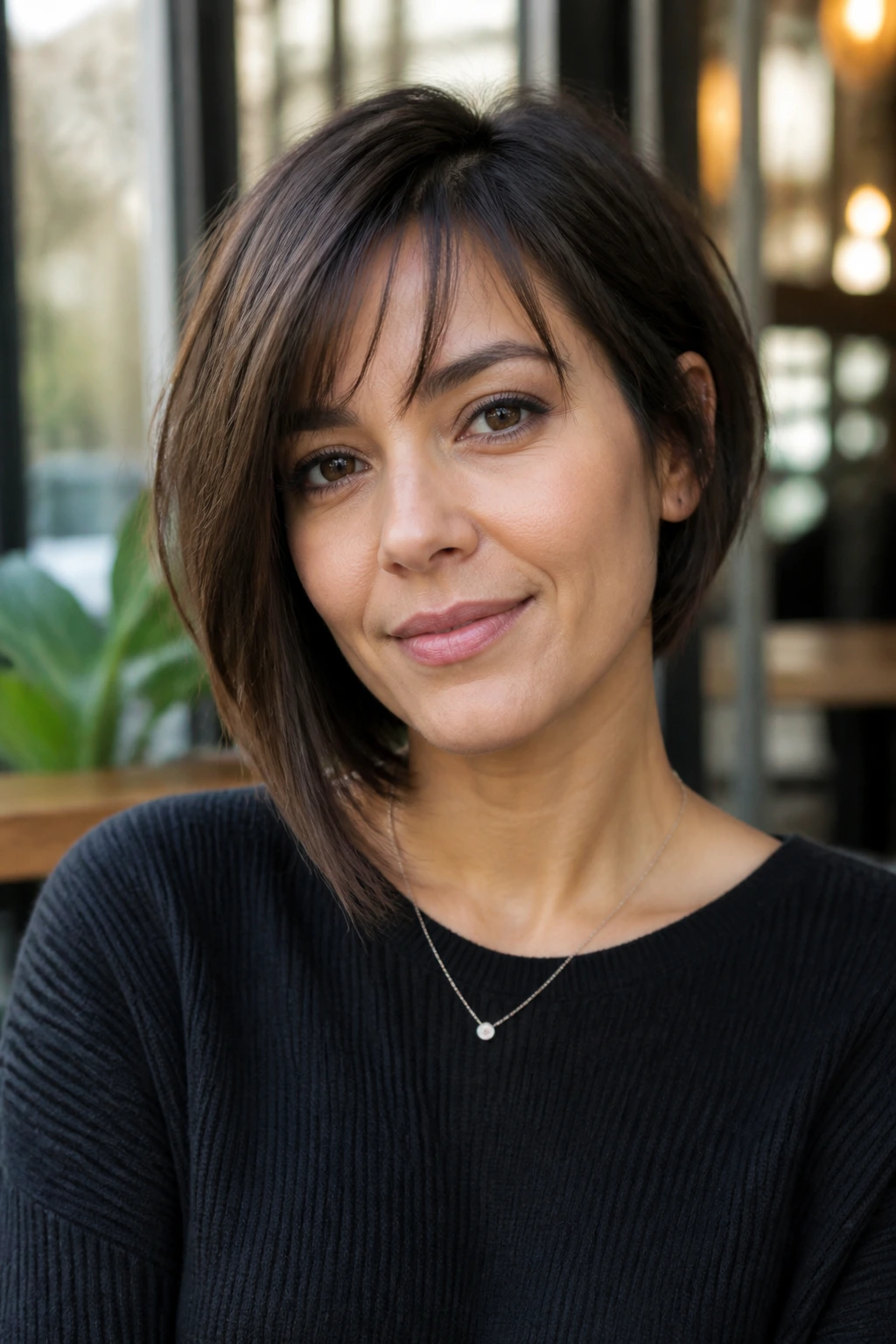 Close-up of a woman with an asymmetrical bob and peekaboo bangs in daylight.