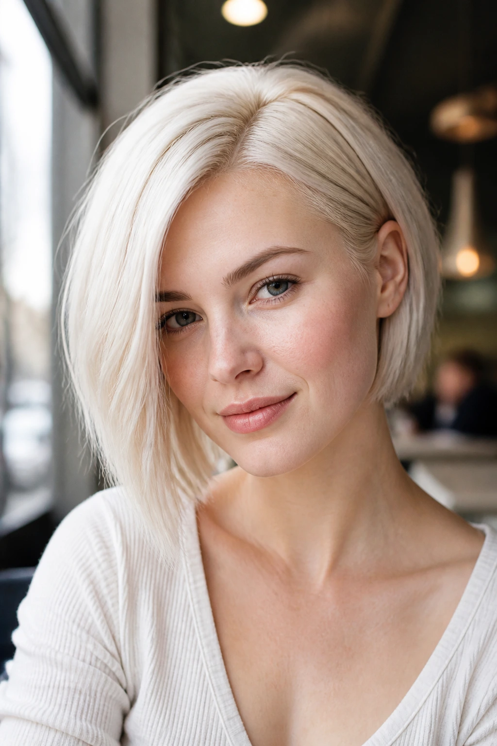 Close-up portrait of a person with a platinum soft asymmetrical bob