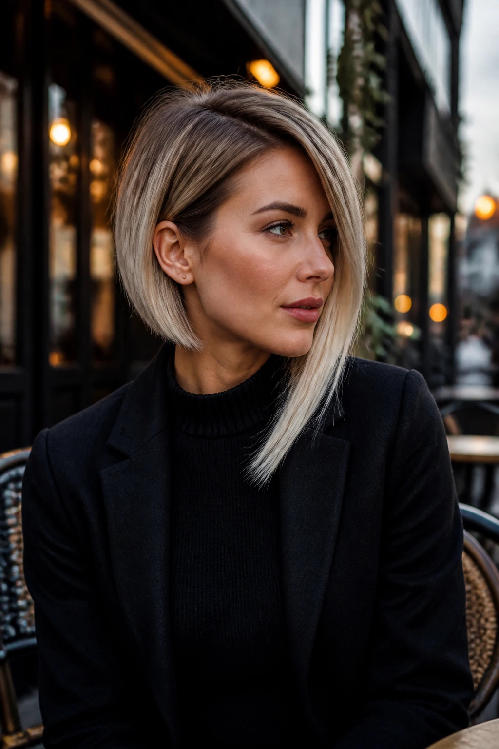 Portrait of real woman with asymmetrical bob and platinum ends