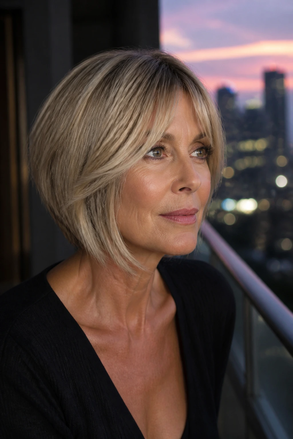 Close-up of a real woman with an asymmetrical bob and split fringe.