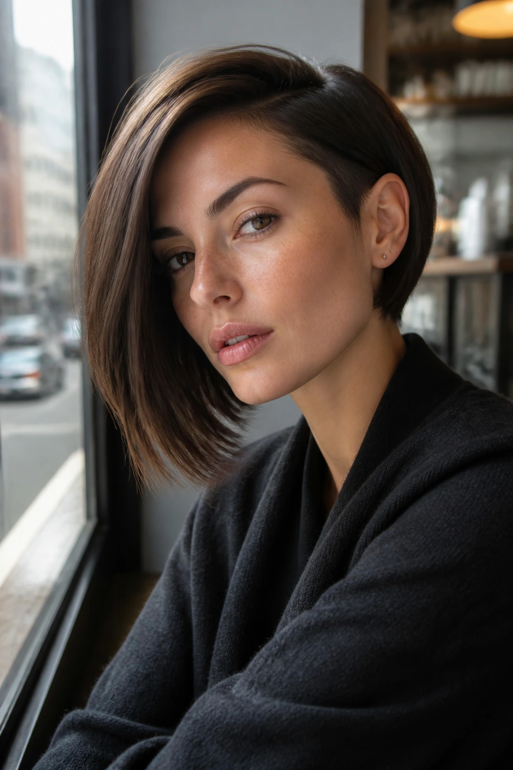 Close-up portrait of a woman with asymmetrical bob and flat side in cafe light