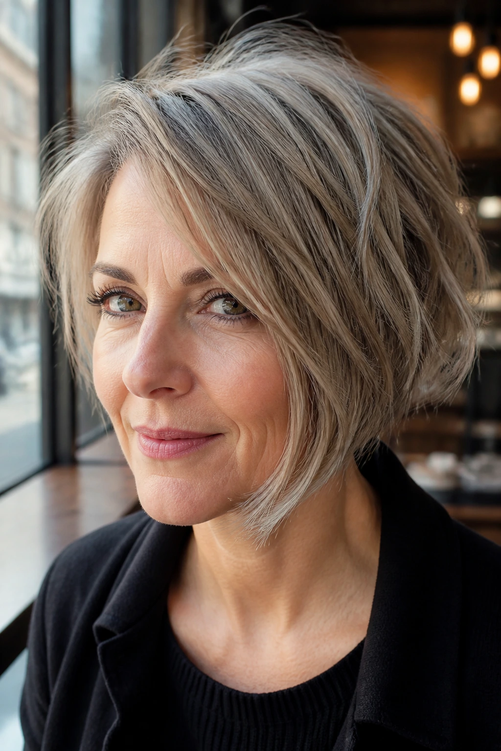 Portrait of a real woman with a choppy asymmetrical bob in natural daylight