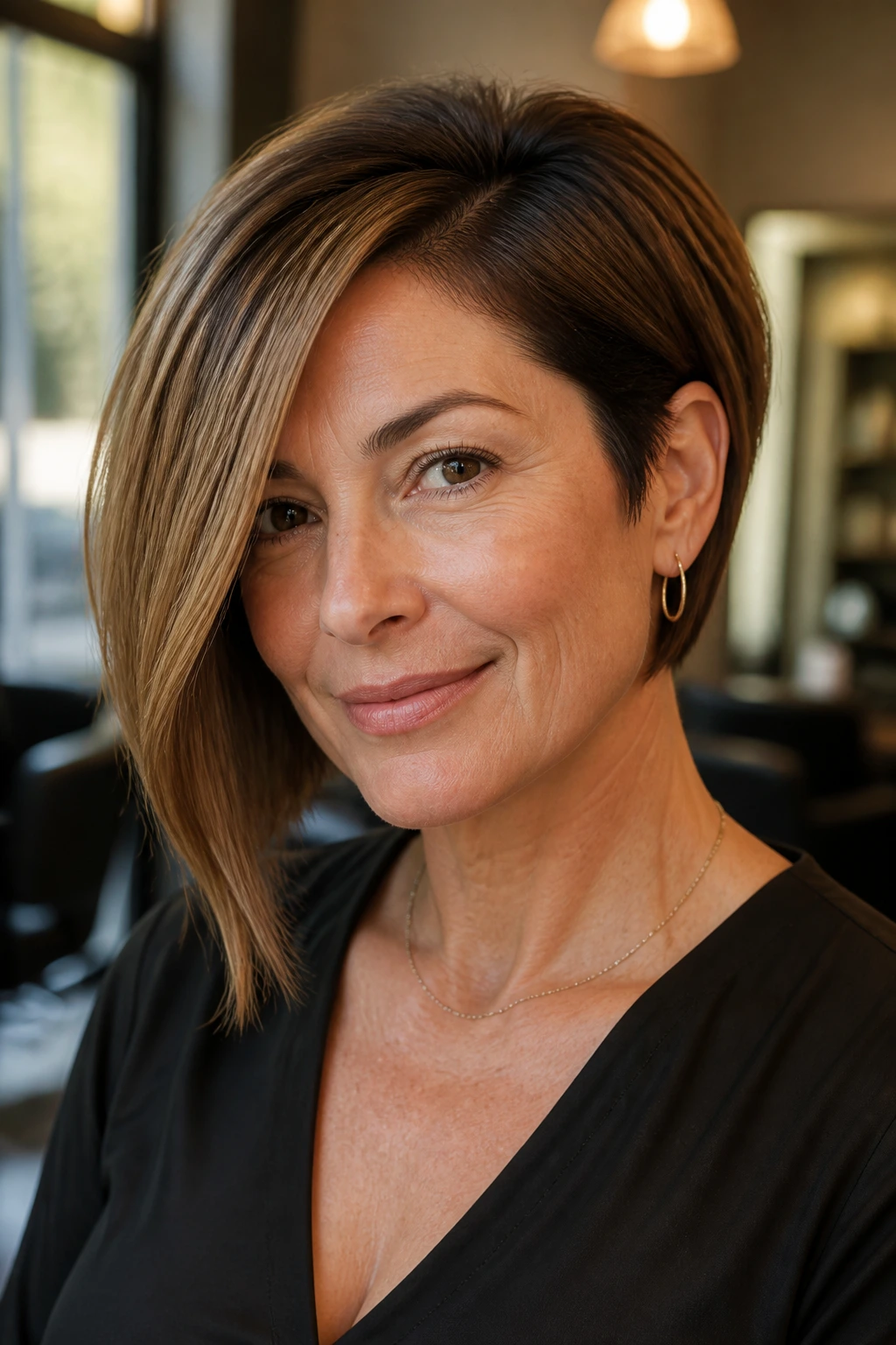 Real woman with asymmetrical bob showing longer side portrait