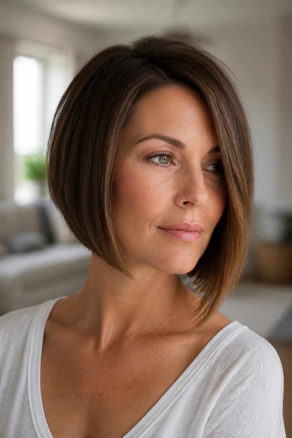 Close-up of a real woman with an asymmetrical bob and subtle longer side