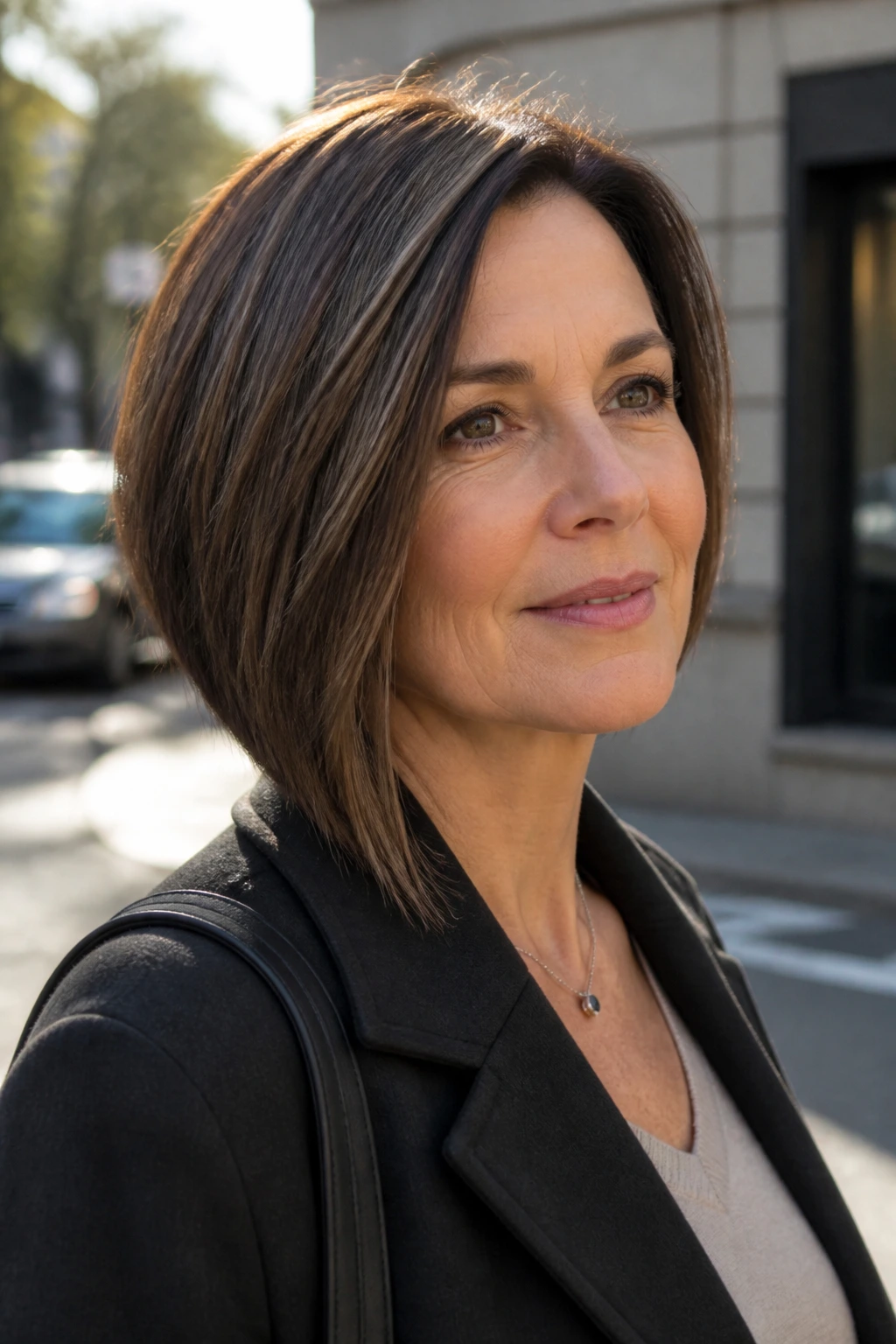 Portrait of a real woman with a subtle asymmetrical medium bob
