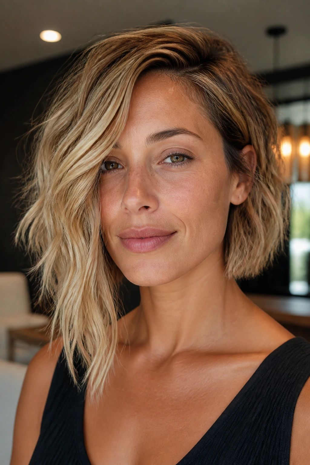 Portrait of a woman with an asymmetrical bob and longer front side